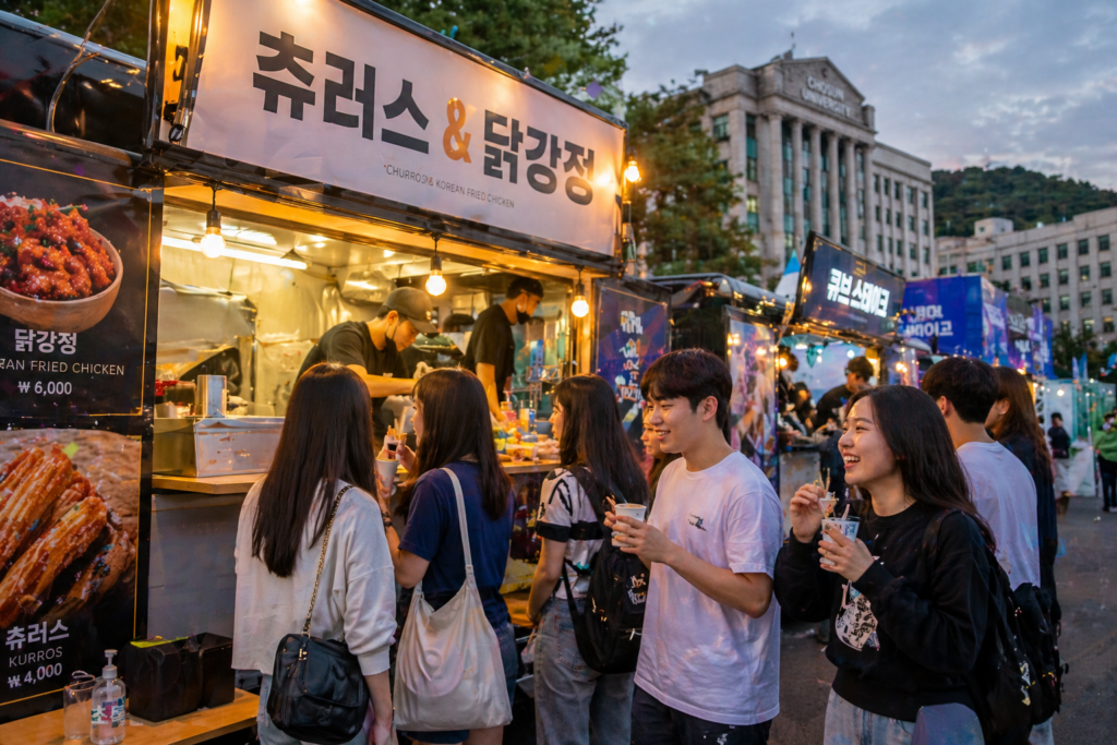 학생들이 푸드트럭 앞에서 음식을 사며 즐거워하는 현실적인 장면