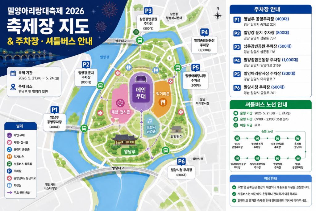 축제장 지도와 주차장 및 셔틀버스 노선을 보여주는 인포그래픽