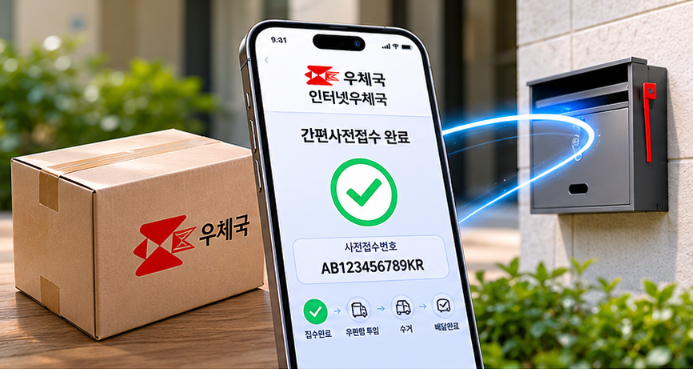 우체국 마크가 그려진 소형 종이 상자와 스마트폰 화면 속 인터넷우체국 간편사전접수 완료 창이 오버랩되면서 집 앞의 현대적인 우편함 인프라와 연결되는 모습을 직관적으로 보여주는 고품질 이미지.