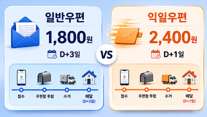 준등기 우편함 서비스의 두 가지 선택지인 일반우편(1,800원/D+3일)과 익일우편(2,400원/D+1일)의 요금 체계 및 배송 타임라인 조건을 가독성 높은 좌우 분할 그리드로 비교 정리한 타이포그래피 이미지.