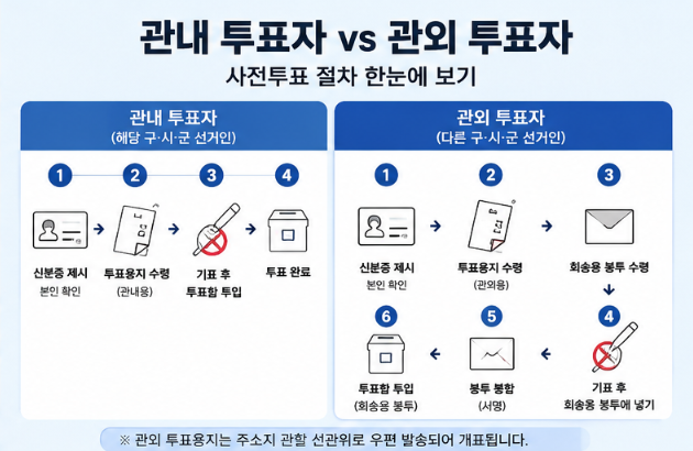 관내 투표자와 관외 투표자의 동선 차이 및 회송용 봉투 사용 흐름을 한눈에 보여주는 인포그래픽 이미지