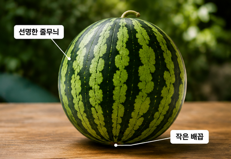 신선하고 당도가 높은 수박의 외관적 핵심 특징(선명한 줄무늬, 작은 배꼽)을 직관적으로 시각화한 이미지.