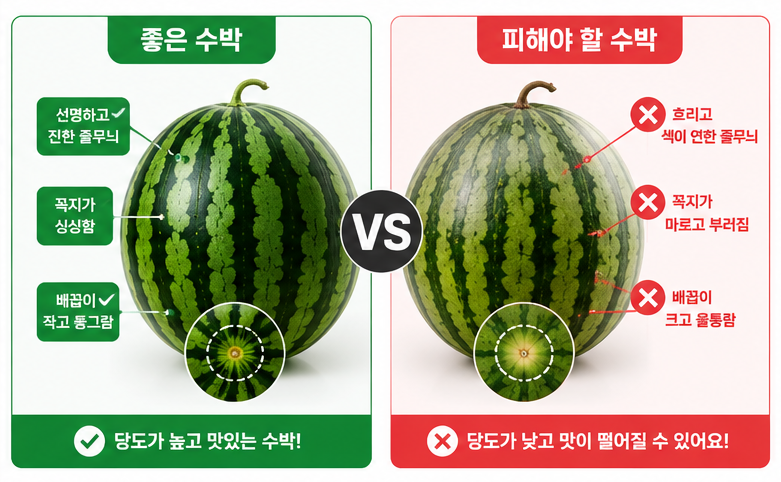 좋은 수박(작은 배꼽, 선명한 선)과 나쁜 수박(큰 배꼽, 흐린 선)의 특징을 한눈에 대조하여 요약한 비교 레이아웃 이미지.