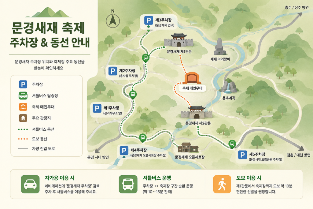 문경새재 주차장 위치와 축제장 동선을 설명하는 인포그래픽