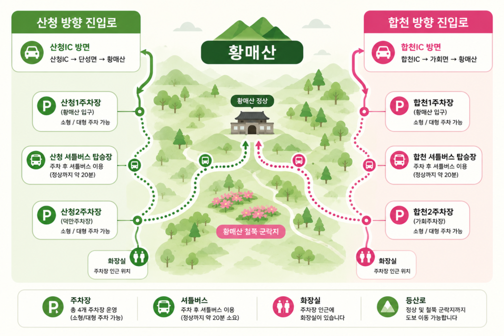 산청 방향과 합천 방향의 진입로 및 주차장 위치를 설명하는 안내 인포그래픽