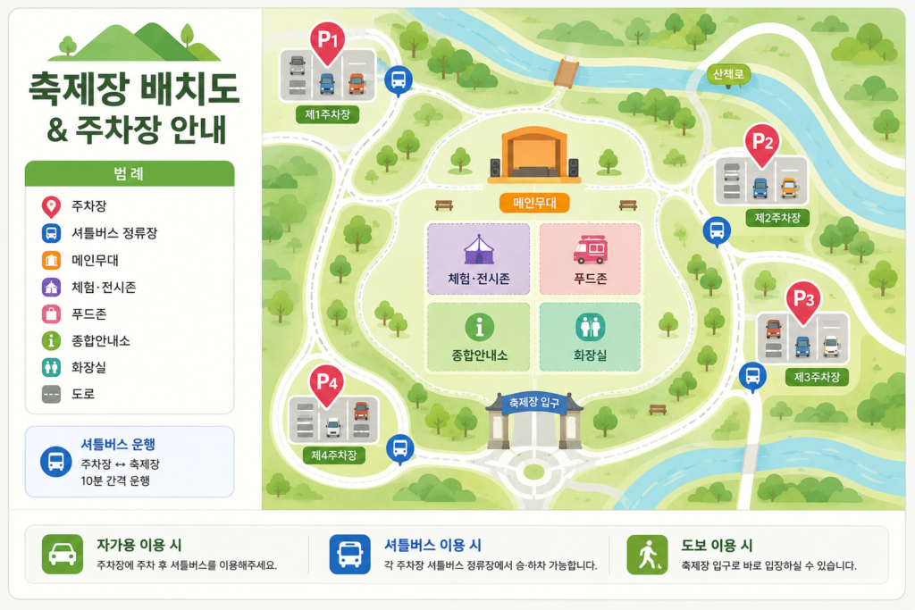 축제장 배치 및 주차장 위치를 한눈에 보여주는 심플한 인포그래픽 이미지