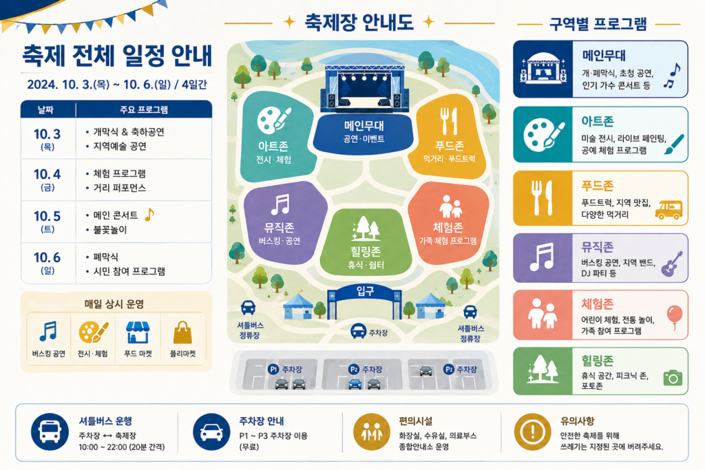 축제 전체 일정과 구역별 프로그램을 안내하는 인포그래픽