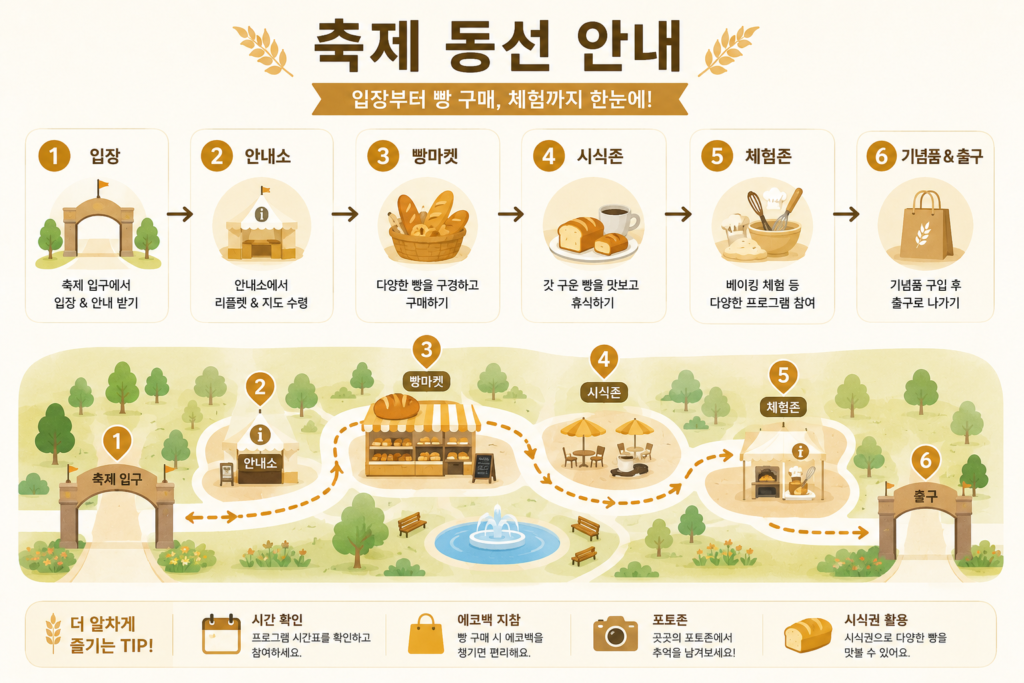축제 입장부터 빵 구매, 체험까지 이어지는 동선을 설명하는 인포그래픽