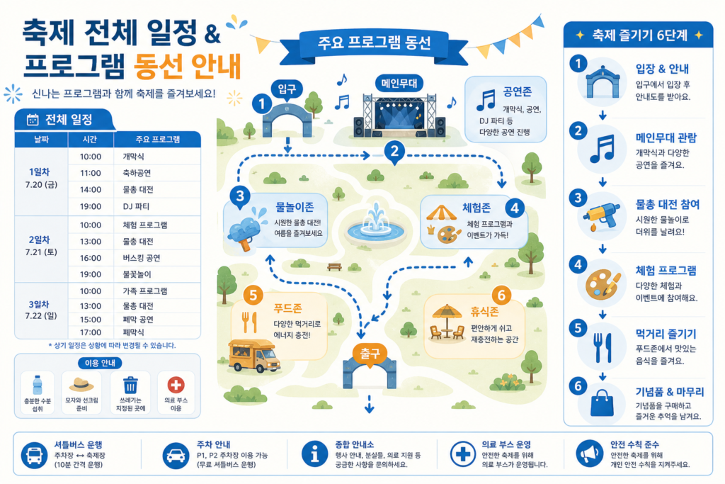 축제 전체 일정과 주요 프로그램 진행 동선을 보여주는 인포그래픽
