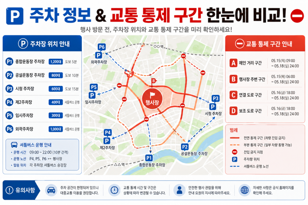주차 정보 및 교통 통제 구간을 한눈에 보여주는 비교 요약 이미지