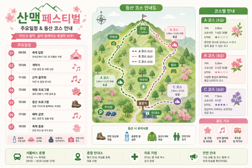 산맥페스티벌의 주요일정과 등산 코스 지도를 설명하는 인포그래픽