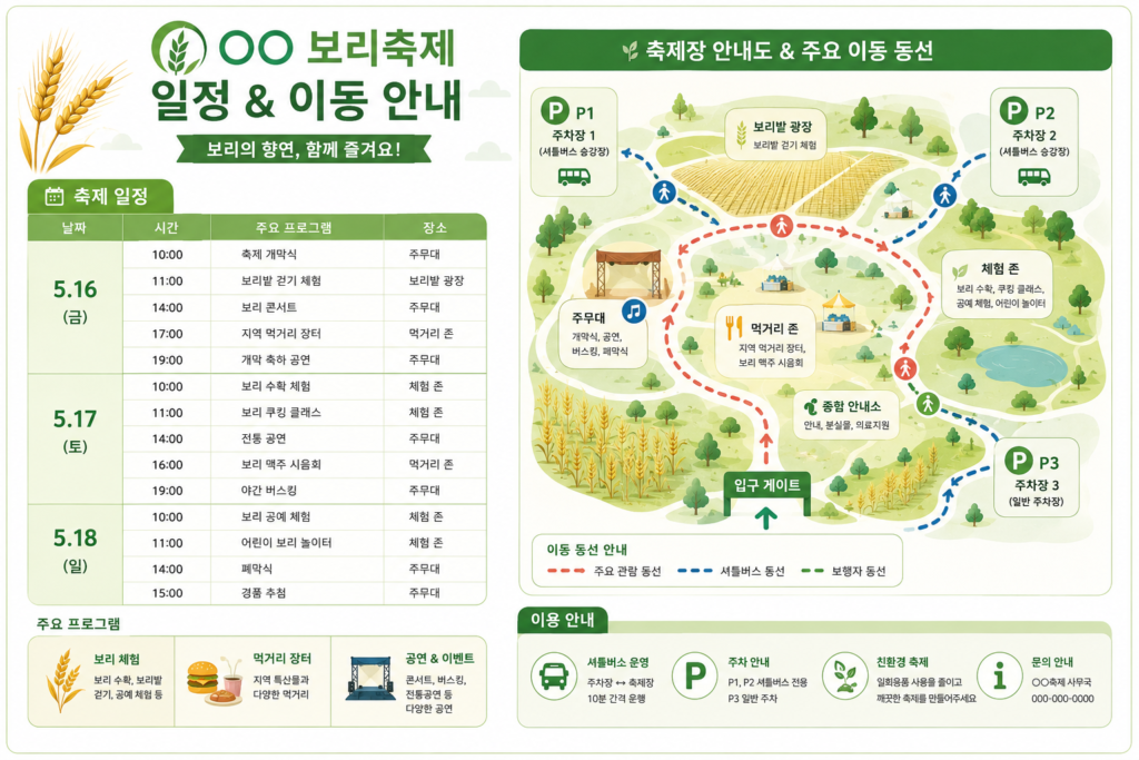 축제 일정과 주요 이동 동선을 설명하는 인포그래픽