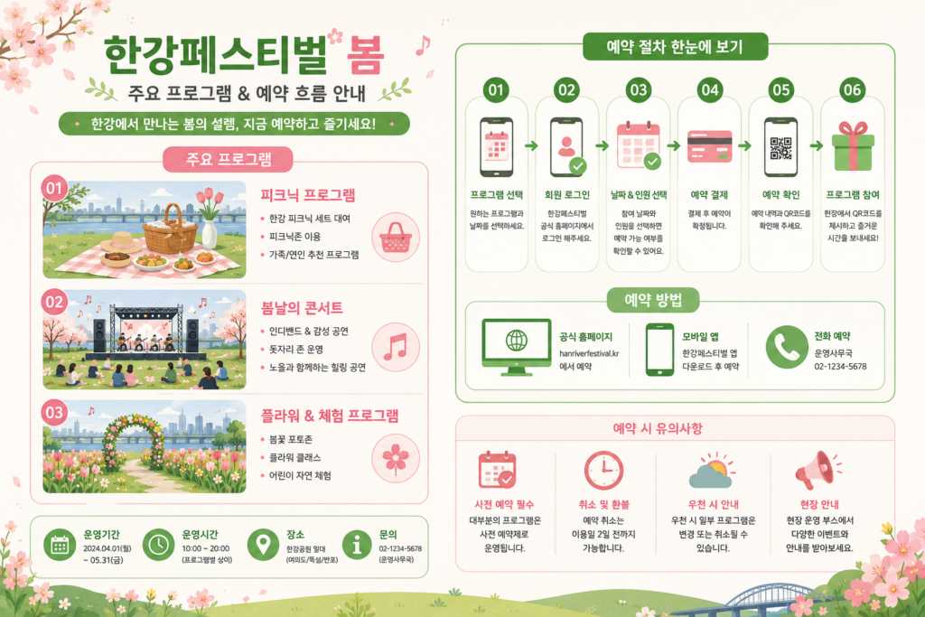 한강페스티벌 봄의 주요 프로그램과 예약 흐름을 설명하는 인포그래픽