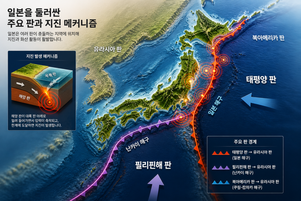 일본 열도의 주요 판 경계와 지진 발생 메커니즘을 직관적으로 보여주는 그래픽 이미지