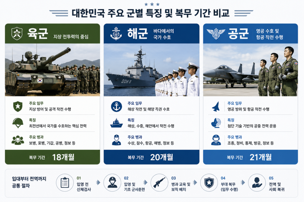 육군, 해군, 공군의 특징과 복무 기간을 비교하여 설명하는 인포그래픽 이미지