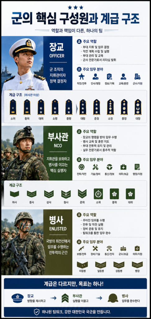 장교, 부사관, 병사의 역할과 계급 구조를 요약 정리한 이미지