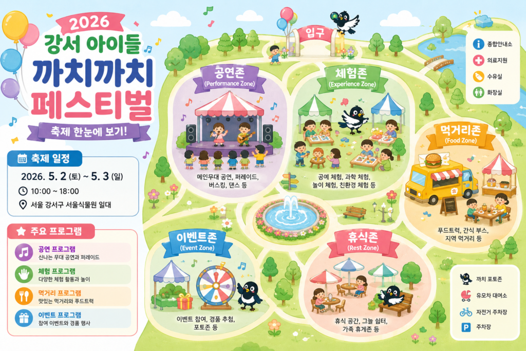 축제 일정과 구역별 프로그램을 보여주는 귀여운 일러스트 지도