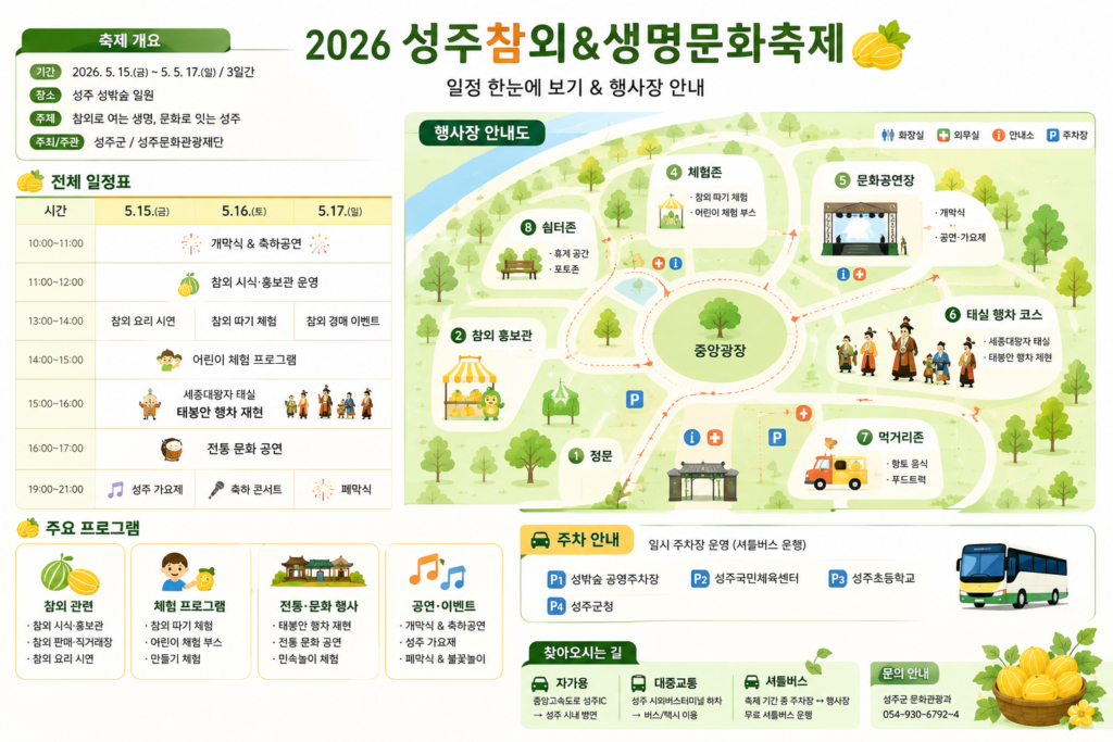 축제 전체 일정과 주요 행사장 동선을 한눈에 보여주는 인포그래픽