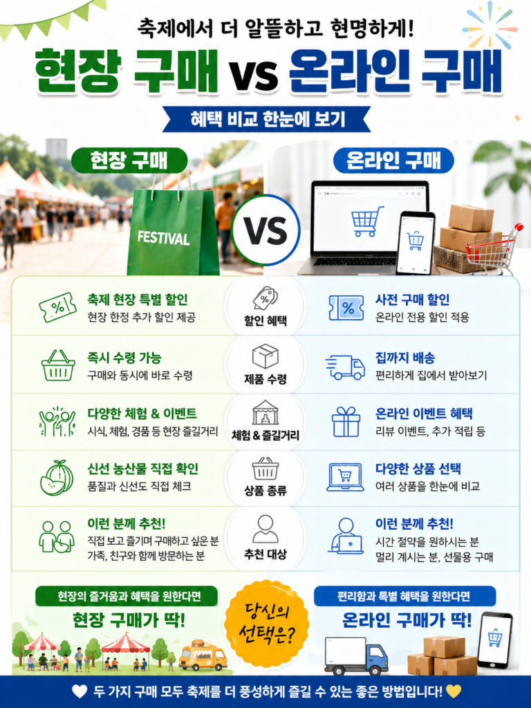축제 현장 구매와 온라인 구매의 혜택을 비교한 요약 이미지