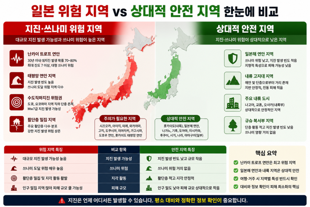 일본 내 위험 지역과 상대적 안전 지역을 대비하여 요약한 비교 레이아웃