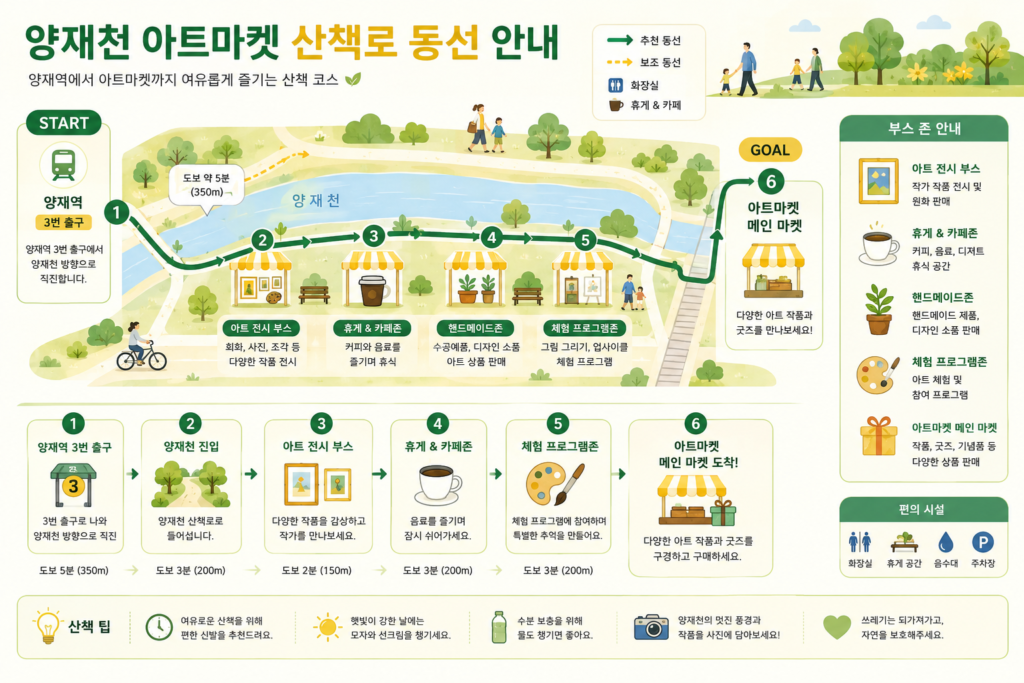 양재천 산책로를 따라 배치된 부스들과 관람객의 이동 동선을 보여주는 흐름도