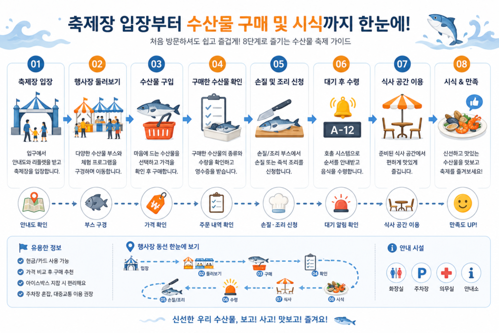 축제장 입장부터 수산물 구매 및 시식까지의 과정을 담은 흐름도