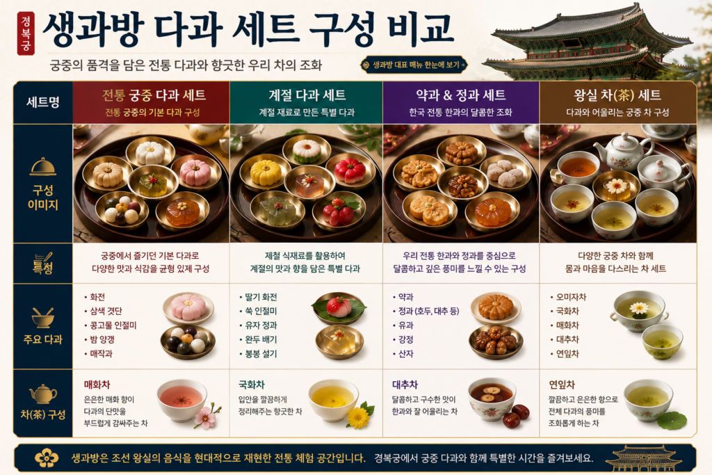 생과방의 대표 메뉴인 다과 세트의 구성을 요약한 비교 이미지