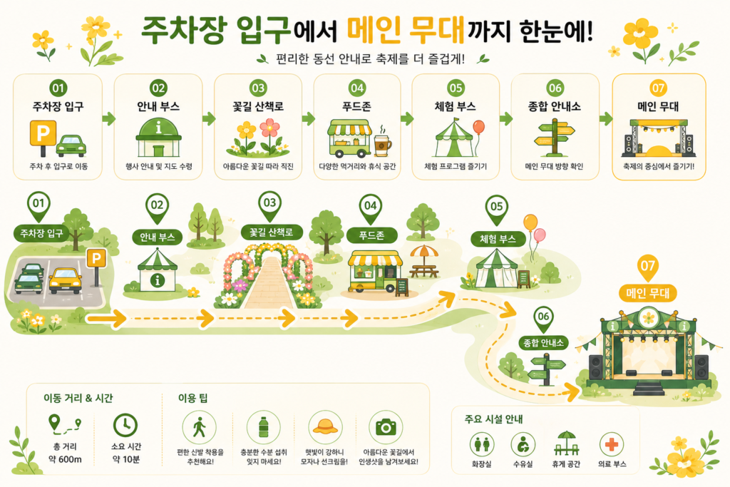 주차장 입구부터 행사장 메인 무대까지의 동선을 보여주는 인포그래픽