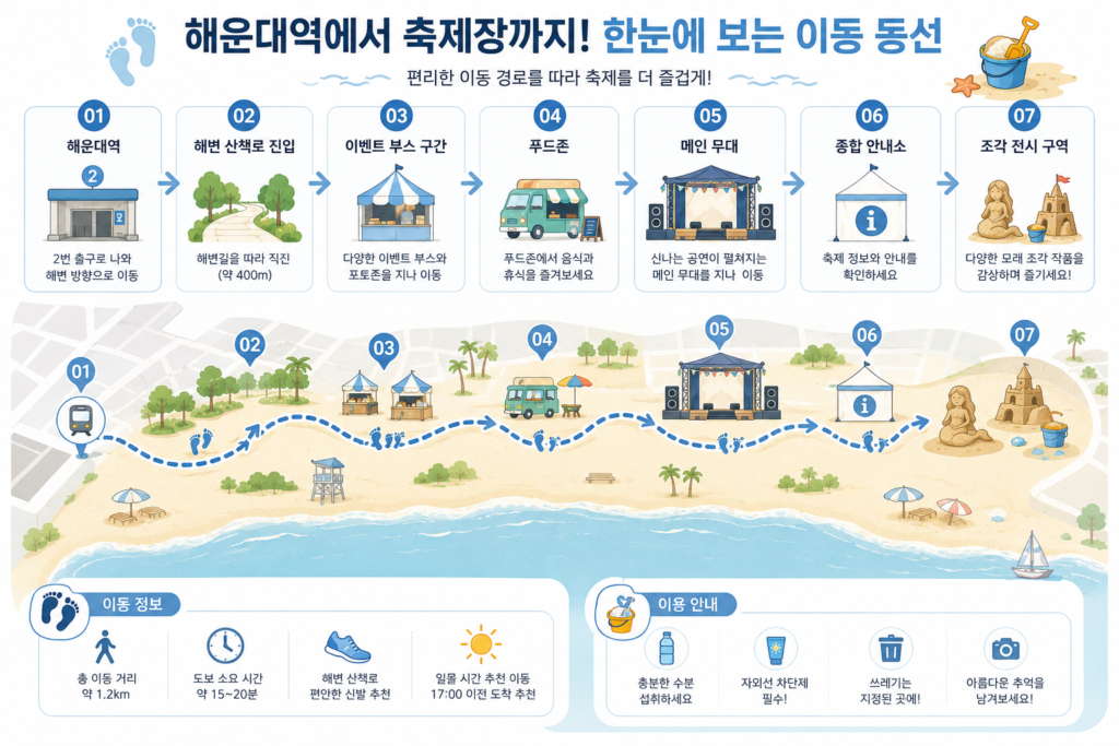 주차장에서 축제장 메인 무대와 조각 전시 구역까지의 동선을 보여주는 인포그래픽