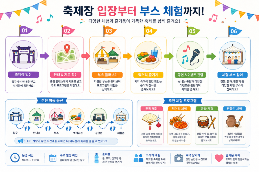 축제장 입장부터 부스 체험까지의 과정을 시각화한 인포그래픽