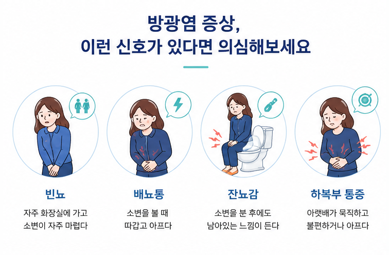 빈뇨 배뇨통 잔뇨감 하복부 통증 등 방광염 주요 증상을 설명하는 인포그래픽