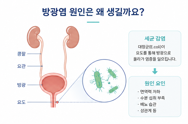 세균이 요도를 통해 방광으로 들어가 발생하는 방광염 원인을 설명한 의료 일러스트