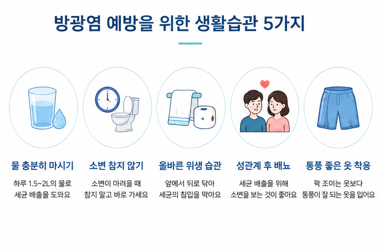 물 마시기 소변 참지 않기 올바른 위생 습관 등 방광염 예방 생활습관 안내 이미지