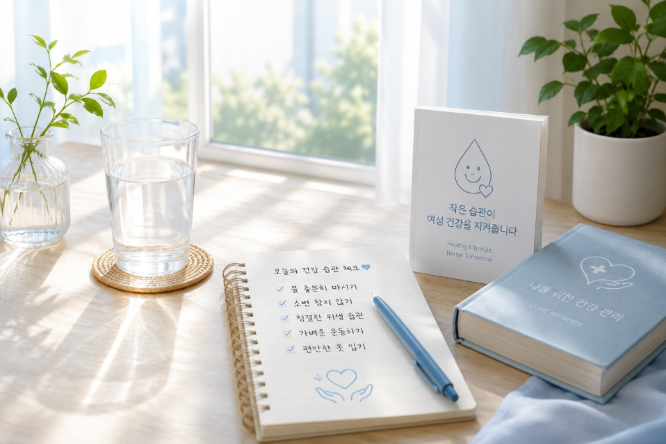물 한 잔과 건강 노트로 표현한 방광염 예방을 위한 일상 관리 이미지