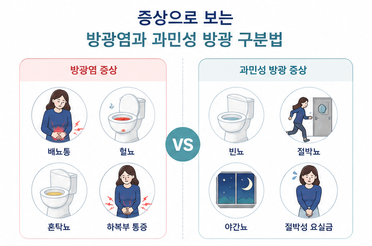 배뇨통 혈뇨 빈뇨 절박뇨 야간뇨 등 방광염과 과민성 방광 증상을 비교한 체크리스트