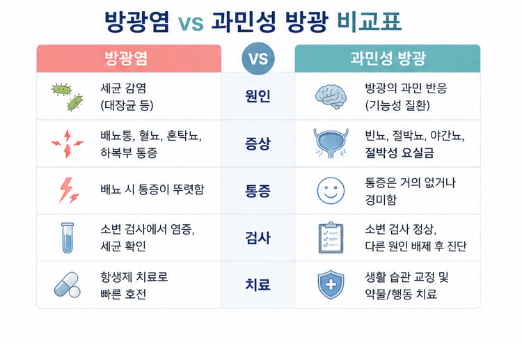 방광염과 과민성 방광의 원인 통증 검사 치료 차이를 한눈에 정리한 비교표 이미지