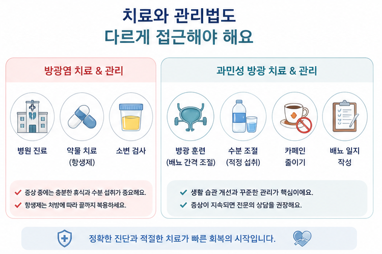 방광염 치료와 과민성 방광 관리법을 병원 진료 방광 훈련 수분 조절 아이콘으로 설명한 이미지