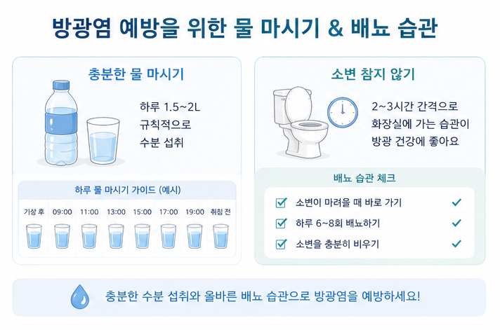 방광염 예방을 위해 물을 나누어 마시고 소변을 오래 참지 않는 배뇨 습관 안내 이미지