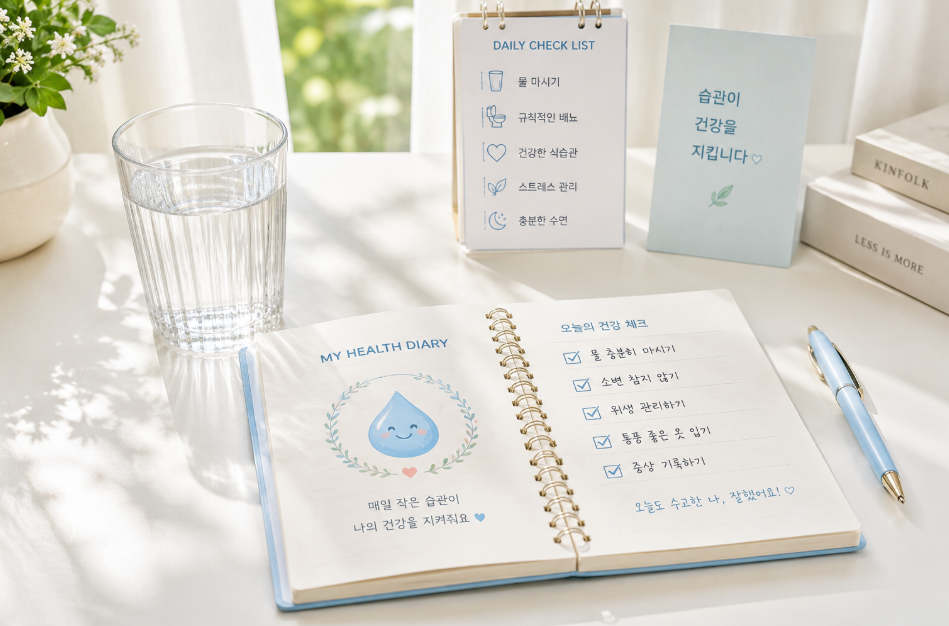 물 한 잔과 건강 다이어리로 표현한 방광염 재발 예방 일상 루틴 이미지