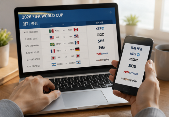 노트북과 스마트폰으로 2026 북중미 월드컵 경기 일정과 중계 채널을 확인하는 모습
