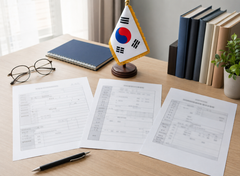 국가유공자 등록 신청에 필요한 서류를 책상 위에 정리한 모습