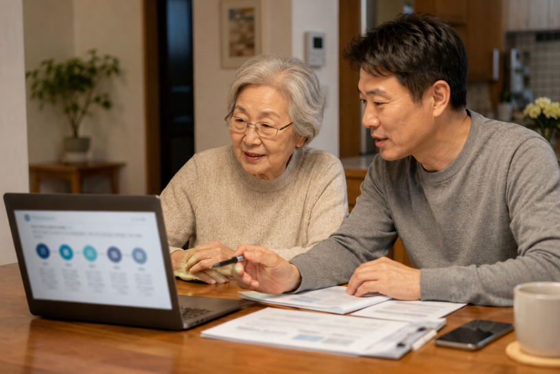 가족이 함께 국가유공자 혜택 신청 절차와 필요 서류를 확인하는 모습