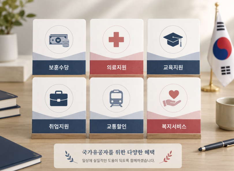 국가유공자 보훈급여 의료 교육 취업 교통 복지 혜택을 정리한 안내 이미지