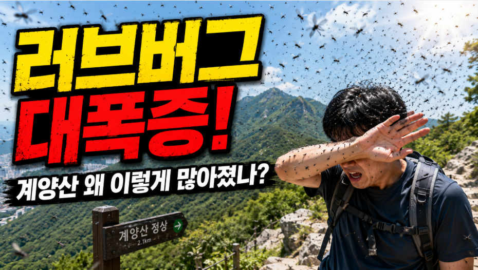 계양산을 배경으로 러브버그가 대량 출현한 상황을 표현한 유튜브형 뉴스 썸네일