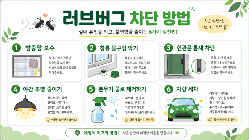 러브버그 차단 방법을 설명하는 한국어 인포그래픽