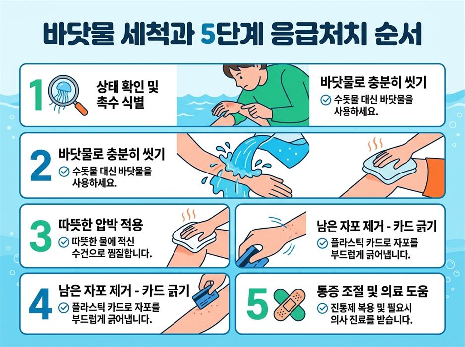 해파리 쏘임시
바닷물 세척과 5단계 응급처리 순서